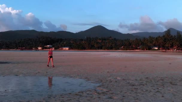 Eine junge Frau joggt bei Sonnenuntergang am Strand. Drohnenschuss aus der Luft, Zeitlupe — Stockvideo