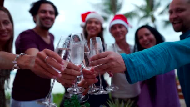 Grupa szczęśliwych ludzi z mieszanych przyjaciół rasy świętować Boże Narodzenie i Nowy Rok — Wideo stockowe