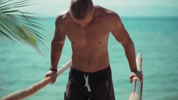 Fitness man training op het strand in Eco gym — Stockvideo