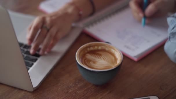 La clausura de Happy female friends trabajando junto con el ordenador portátil en la cafetería al aire libre. — Vídeo de stock