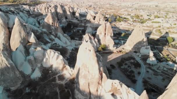 Aerial view of fairy chimneys valleys in Cappadocia Nevsehir Turkey — Stock Video