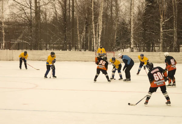 Game of hockey on ice platform under opened by sky — Stock Photo, Image