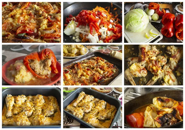 Collage Photography Meal Chicken Meat Tasty Dinner Dietetic Meat Hen — Stockfoto