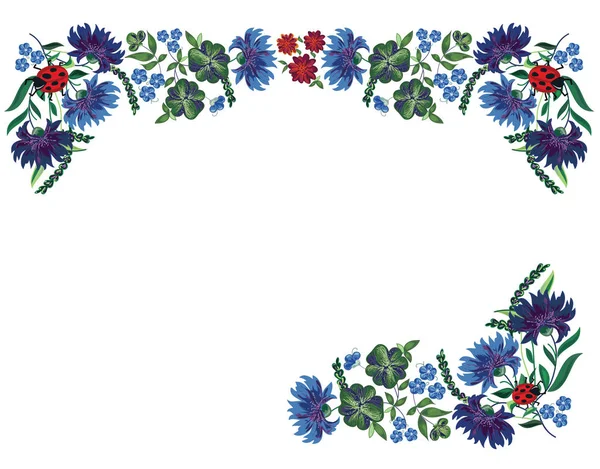 带蓝色花朵的装饰花卉边框 — 图库矢量图片