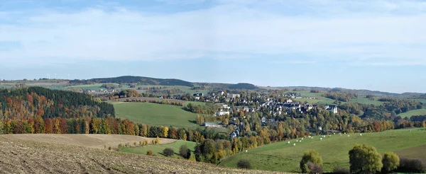 Panorama Erzgebirge Autumn Hilly Landscape Colorful Forests Fields Old Mountain — Stock Photo, Image