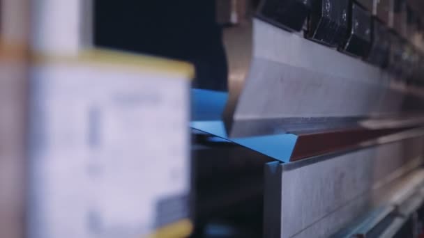 Pressing sheet metal on a machine tool factory. Closeup — Stock Video