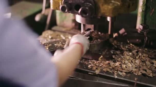 Werknemers monteren handmatig componenten in een fabriek. Apparatuur in de fabriek. — Stockvideo