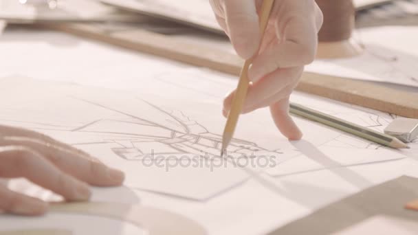Σχεδιαστής μόδας σχεδίασης σε ένα στούντιο. Γυναικείο χέρι τραβάει φύλλα στο χαρτί. Γκρο πλαν — Αρχείο Βίντεο