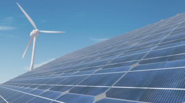 Bulutlar ve gökyüzü karşı ışığından elektrik üretmek için kullanılan güneş panelleri