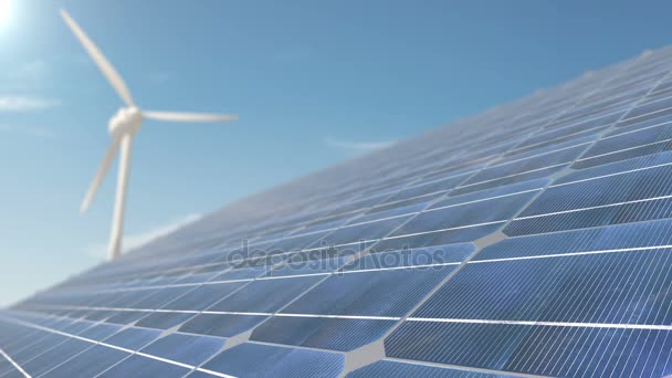 Animación en bucle de turbinas eólicas y paneles solares. Panel de células sobre un cielo — Vídeos de Stock
