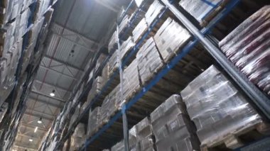 Karton kutu içinde bir depo raflarında kamera yukarı taşır