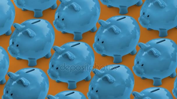 Економія грошей. грошова коробка повна монет. конвеєр свинячих банків — стокове відео
