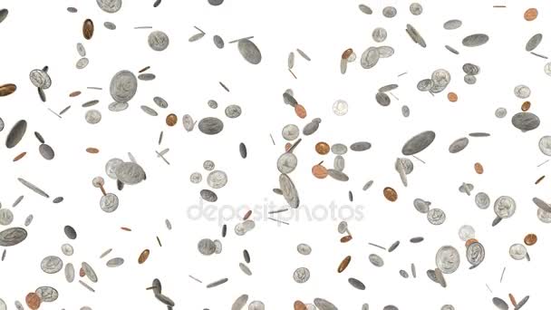 美元下跌和分硬币在白色背景上。下着雨的旋转英镑硬币 — 图库视频影像
