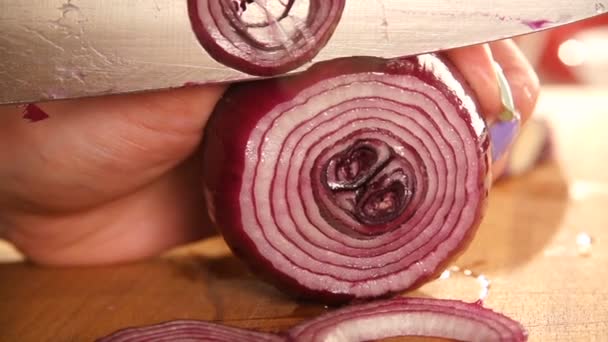 El chef corta cebolla. Cuchillo, tabla de cortar. corte de verduras. manos cocinero — Vídeo de stock