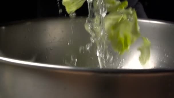 Salat fällt und spritzt langsam auf den Teller — Stockvideo