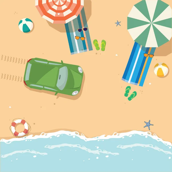 Playa vectorial con olas, sombrillas, toallas brillantes y coche verde — Vector de stock