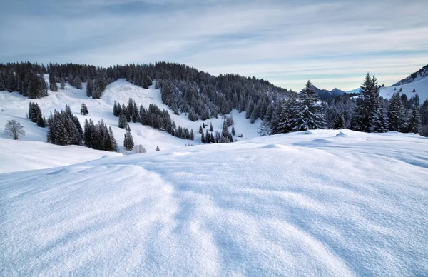 Dageraad in besneeuwde bergen — Stockfoto