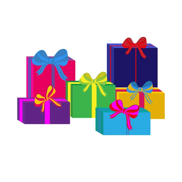 Set of different colorful wrapped gift boxes. Flat design. Beautiful present with bow. Symbol and icon for Christmas gift box. Isolated vector illustration. — Stock Vector