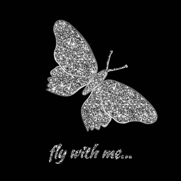 Gümüş kelebek. Vektör çizim. Işık, canlı, parlaklık ve ışıltı, glitter ile lüks arka plan tasarımı. Tatil, kutlama sembolü. Lüks gümüş doku-ebilmek var olmak kullanılmış için t-shirt