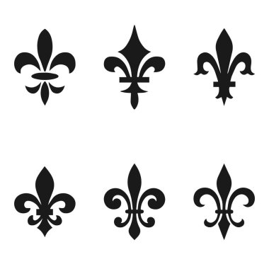 Fleur de lis sembolleri, siyah siluetler - hanedan semboller topluluğu. Vektör çizim. Ortaçağ işaretler. Parlayan Fransız fleur de lis royal lily. Zarif dekorasyon sembolleri.