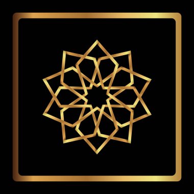 Dairesel desen. Geometrik simgesi. dokuz altın yıldız siyah arka plan üzerine çekti. Modern tarz. Vektör çizim. Basit sembol. Mandala. Logosunu görmeniz gerekir. Moda grafik tasarım. Yumuşak şekil.