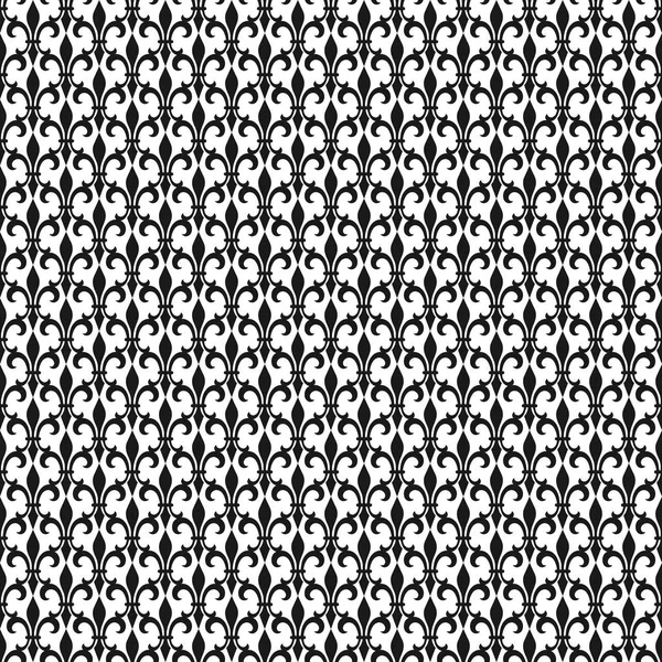 Fleur de lis dorée motif sans couture. Illustration vectorielle. Gabarit blanc noir. Texture florale. Décoration élégante, fond royal rétro lis. Design vintage pour carte, papier peint, emballage, textile . — Image vectorielle