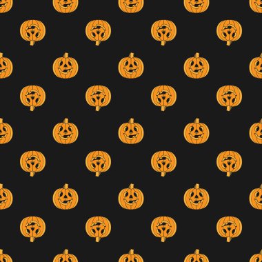 Cadılar Bayramı dekorasyon. Vektör çizim, seamless modeli. Kabak tasarım korkunç yüzü siyah olan. Vektör çizim. Tasarım ve dekorasyon icin elverisli