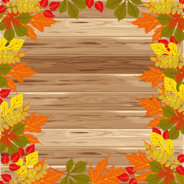 Autumn frame on wood background. Vector illustration. Floral vector pattern. Fashion Graphic Design. Beauty concept. Bright colors leaves. Template for prints, textile, wrapping and decoration. — Stock Vector