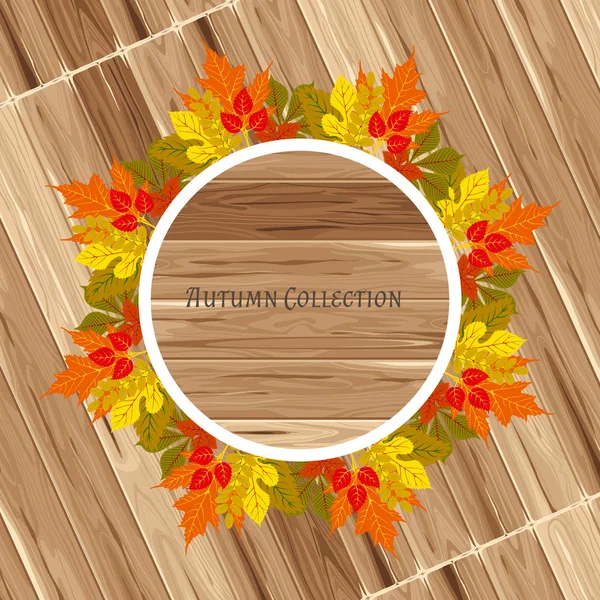 Autumn frame on wood background. Vector illustration. Floral vector pattern. Fashion Graphic Design. Beauty concept. Bright colors leaves. Template for prints, textile, wrapping and decoration. — Stock Vector