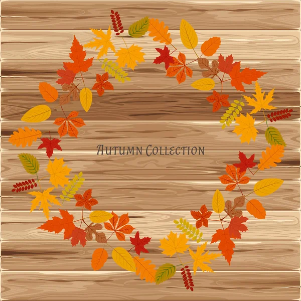 Herfst frame op hout achtergrond. Vectorillustratie. Floral vector patroon. Grafische modevormgeving. Beauty concept. Heldere kleuren de bladeren. Sjabloon voor prints, textiel, verpakking en decoratie. — Stockvector