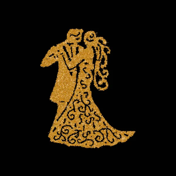 Dansend paar gouden silhouet. Vectorillustratie. Kunst gold glitter pictogram. Creatief concept voor web, dancing school logo, helder pailletten, sparkle klatergoud, abstract bling, shimmer stof. — Stockvector