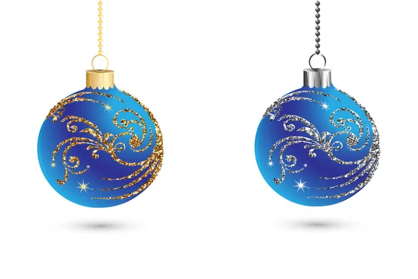 Bolas de Natal decoração com prata e ouro glitter. Feliz Ano Novo bugiganga tradicional. Feliz cartão de felicitações de Natal. Design de férias decorativo brilhante brilhante. Ilustração vetorial — Vetor de Stock