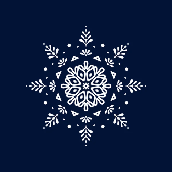 Invierno de copo de nieve aislado sobre fondo azul. Silueta icono blanco. Ilustración vectorial para el diseño navideño. Señal de Año Nuevo. Símbolo de celebración . — Vector de stock