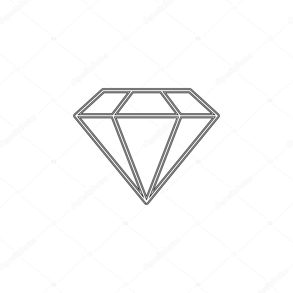 Diamond icon. Vector Illustration. Shiny crystal sign. Brilliant stone. Black stroke isolated on white background. Fashion modern design. Flat element. Symbol gift, jewel, gem or royal, rich.
