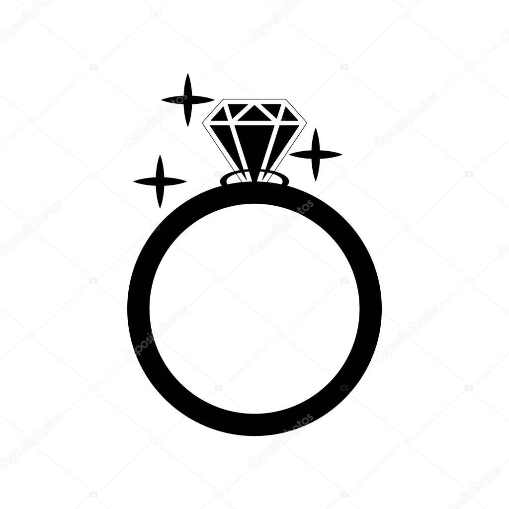 Diamond engagement ring vector icon. Vector Illustration. Shiny crystal signs. Black circle silhouette isolated on white background. Flat fashion design element. Symbol engagement, gift, expensive.