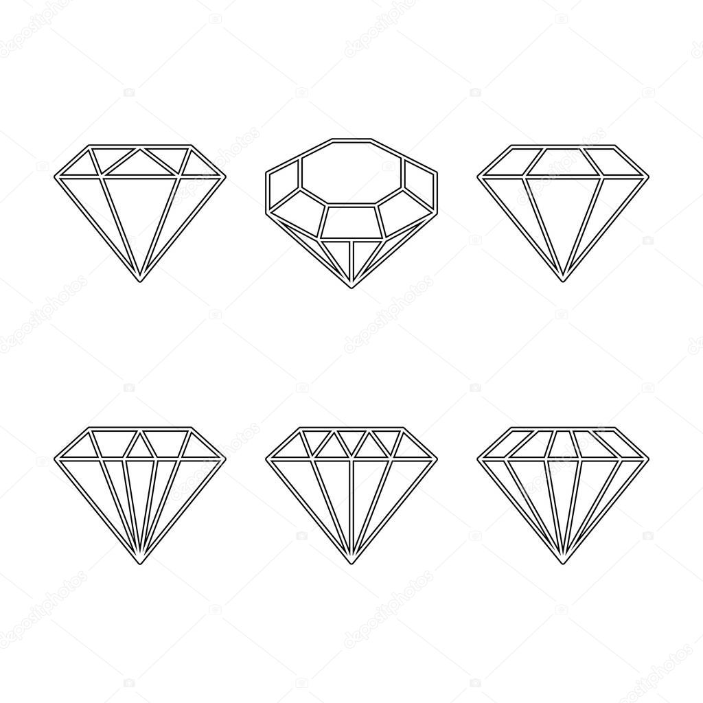 Diamond set icon. Vector Illustration. Shiny crystal sign. Brilliant stone. Black stroke isolated on white background. Fashion modern design. Flat element. Symbol gift, jewel, gem or royal, rich.