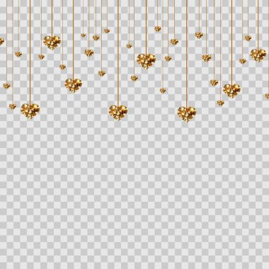 Altın glitter Sevgililer günü kalpleri şeffaf arka plan üzerinde. Lüks Elegant düzen şablonu tasarım ışıltı. Vektör çizim. Aşk kavramı. Sevimli duvar kağıdı. Düğün ve Sevgililer günü kartı için iyi fikir