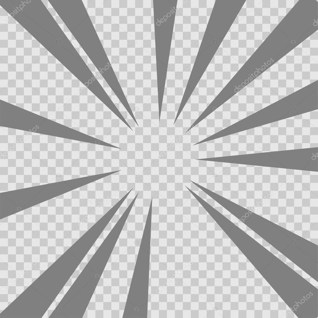 Abstract comic book flash explosion radial lines background. Vector illustration for superhero design. Gray light strip burst. Flash ray blast glow. Manga cartoon hero fight print stamp