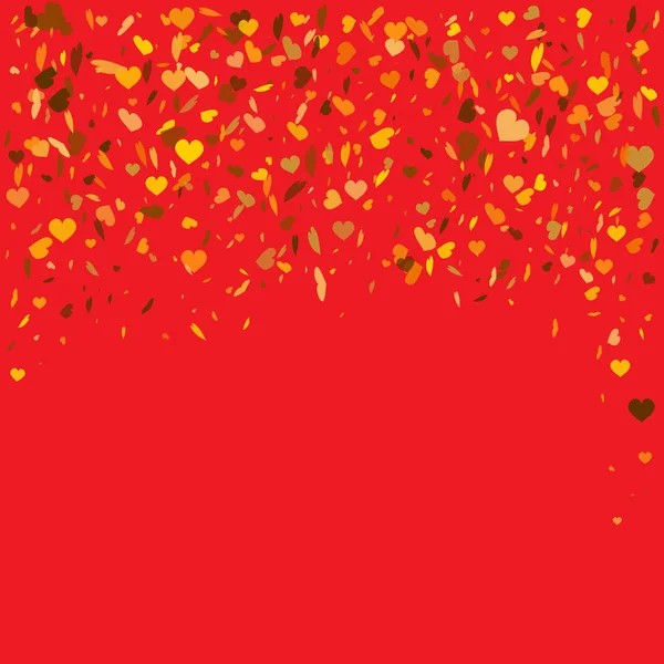 Confiti de corazón volador. Ilustración vectorial para el diseño de vacaciones. Muchos corazones dorados volando sobre fondo rojo. Para la tarjeta de la boda, saludos del día de San Valentín, marco encantador . — Vector de stock