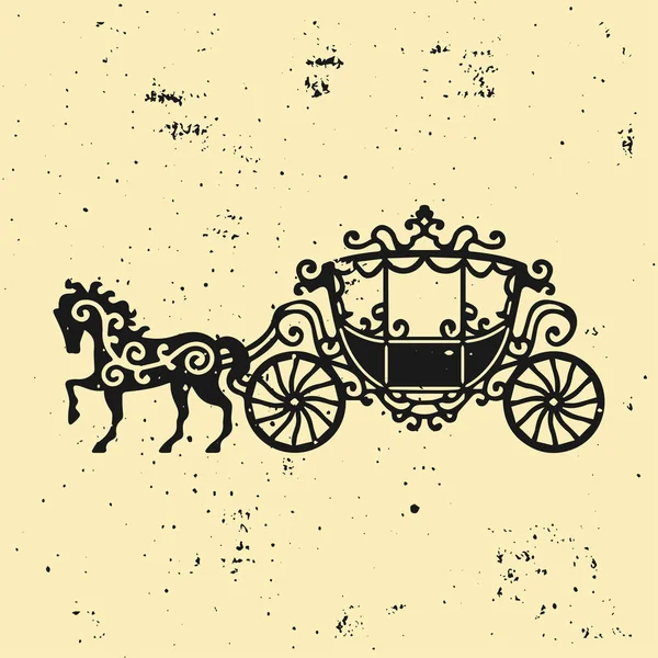 Cavalo-Carruagem silhueta com cavalo. Ilustração vetorial de brougham em estilo barroco. Carruagem vintage isolada em fundo escuro. Bom para design, cartão de convite, logotipo ou decoração — Vetor de Stock