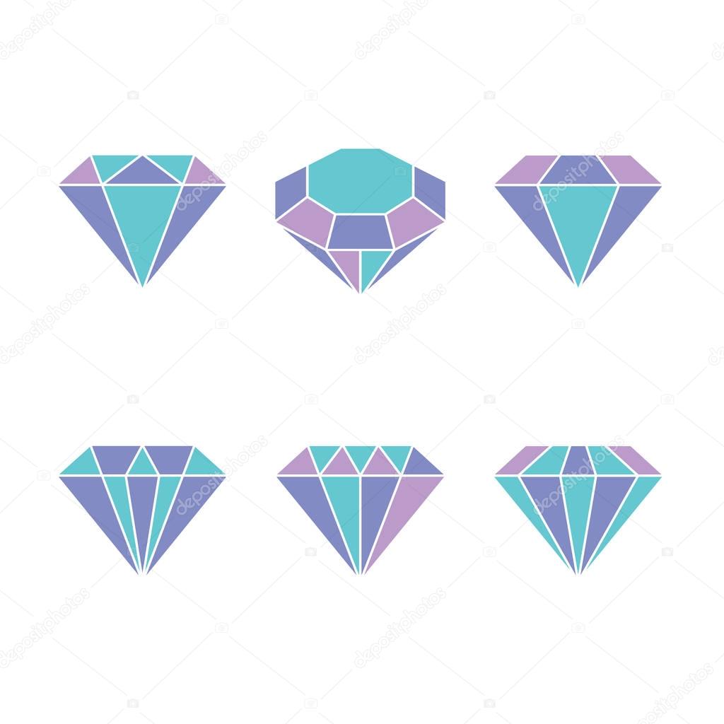 Diamond set icon. Vector Illustration. Shiny crystal sign. Brilliant stone. Colorful crystal isolated on white background. Fashion modern design. Flat element. Symbol gift, jewel, gem or royal, rich.
