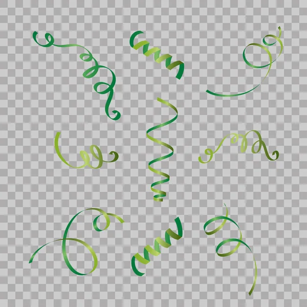 Serpantin şeritler, arka plan üzerinde izole kümesi. Flamalar konfeti. Yeşil dekorasyon vektör Illustration. Parti için ışık dekorasyon düşüyor, doğum günü kutlamak, yıldönümü veya olay, şenlikli.