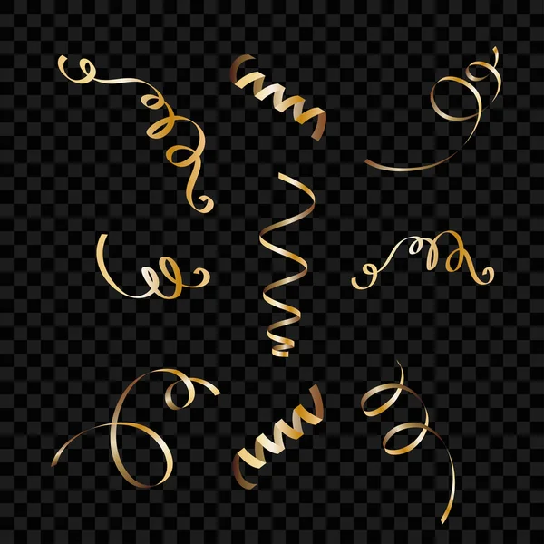 Serpantin şeritler, arka plan üzerinde izole kümesi. Flamalar konfeti. Altın dekorasyon vektör Illustration. Parti için ışık dekorasyon düşüyor, doğum günü kutlamak, yıldönümü veya olay, şenlikli.