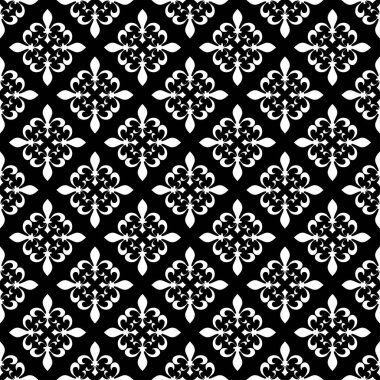 Alev almış zambağı seamless modeli. Vektör çizim. Siyah beyaz şablonu. Çiçek doku. Zarif dekorasyon, royal lily retro arka plan. Vintage için kart, duvar kağıdı, ambalaj, tekstil tasarım.