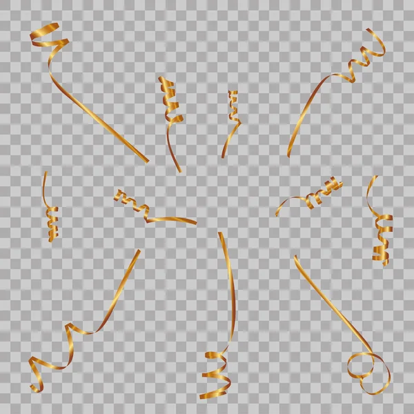 Serpantin şeritler, arka plan üzerinde izole kümesi. Flamalar konfeti. Altın dekorasyon vektör Illustration. Parti için ışık dekorasyon düşüyor, doğum günü kutlamak, yıldönümü veya olay, şenlikli.