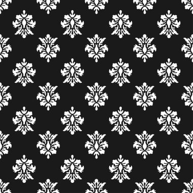 Siyah ve beyaz vektör arka plan. Güzel Kraliçe fleur de lys süsleme elemanları ile seamless modeli. Kraliyet moda illüstrasyon tarzında imzalar. Mükemmel Tekstil, kumaş, kağıt tasarımı.