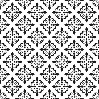 Alev almış zambağı seamless modeli. Vektör çizim. Siyah beyaz şablonu. Çiçek doku. Zarif dekorasyon, royal lily retro arka plan. Vintage için kart, duvar kağıdı, ambalaj, tekstil tasarım.