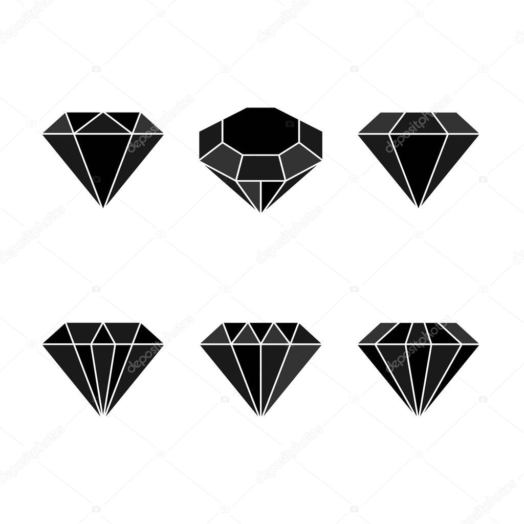 Diamond set icon. Vector Illustration. Shiny crystal sign. Brilliant stone. Black crystal isolated on white background. Fashion modern design. Flat element. Symbol gift, jewel, gem or royal, rich.