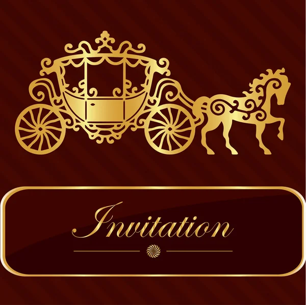 Invitation card with golden lettering. Vintage horse carriage design. Good idea for template, wedding card, retro style. Vector illustration — Stock Vector