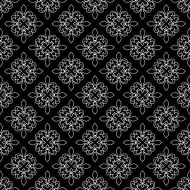 Alev almış zambağı seamless modeli. Vektör çizim. Siyah beyaz şablonu. Çiçek doku. Zarif dekorasyon, royal lily retro arka plan. Vintage için kart, duvar kağıdı, ambalaj, tekstil tasarım.